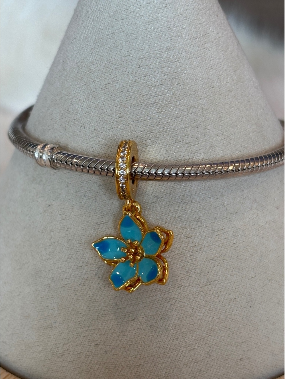 Pandora Blue Flower Charm with Gold Accents